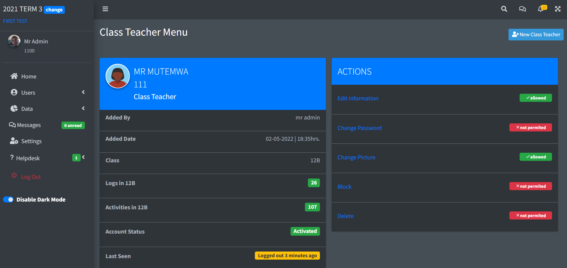 Sample of the dashboard for the online school management system
